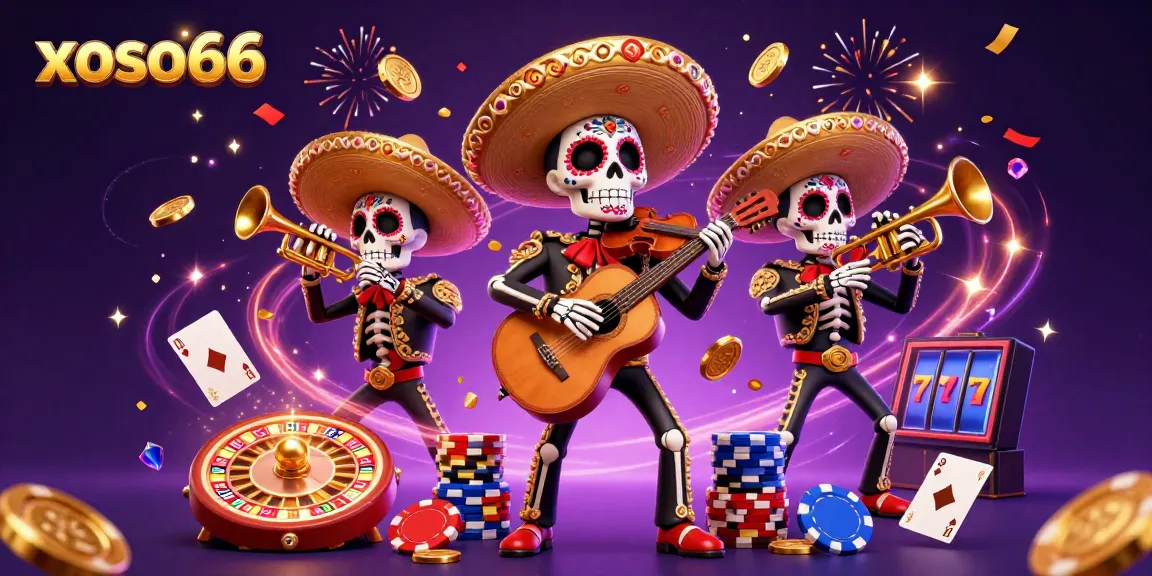Experience xoso66's vibrant 3D mariachi scene with festive elements and casino symbols.