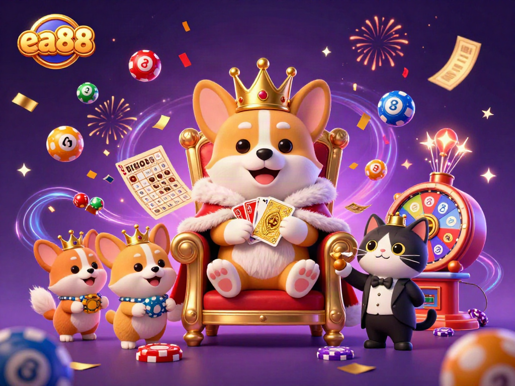 Experience the magic of ea88 with a vibrant casino scene featuring colorful lottery elements and a royal corgi.