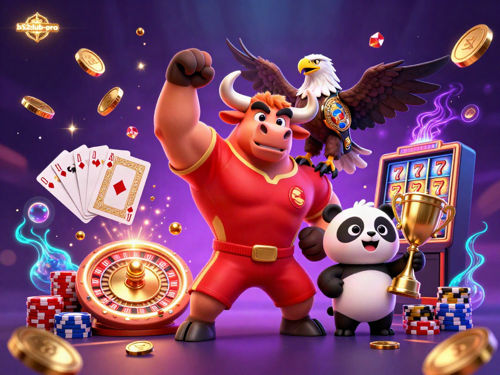 Experience the thrill of b52club-pro with a victorious bull mascot and friends amid sparkling casino elements.