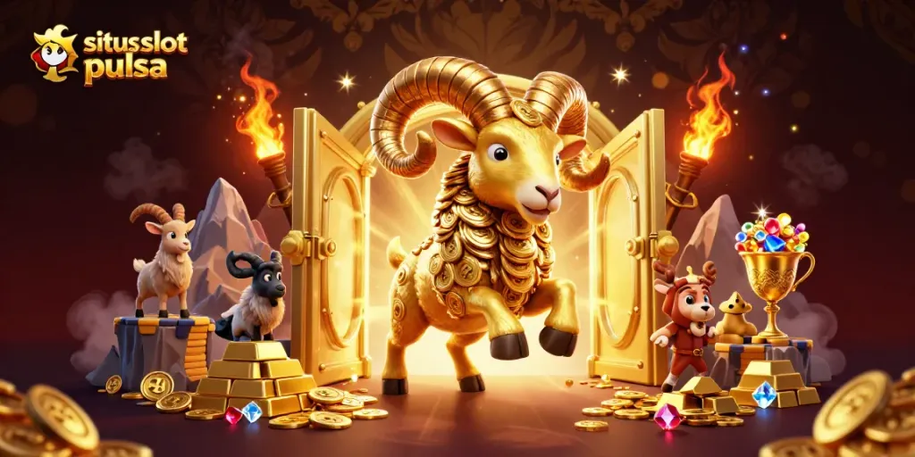 Play at situs slot pulsa, enjoying vibrant casino gameplay with treasure elements and golden visuals.